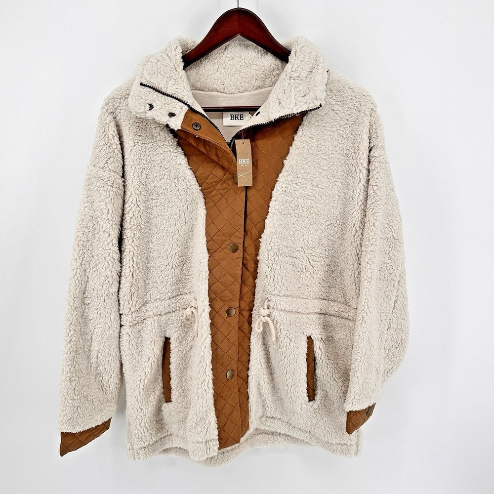 BKE Women's Cream Sherpa Faux Fur Quilted Utility Jacket Brown Drawstring L NWT